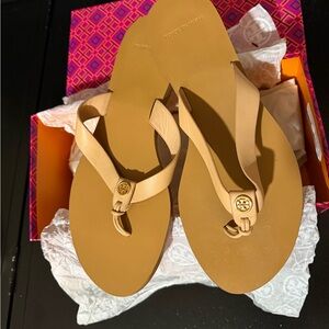 Tory Burch Beige Sandals with Gold Logo
